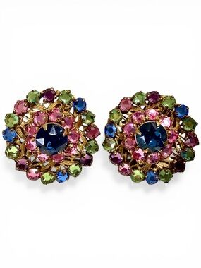 Vintage Miriam Haskell 1950s Multicolor Rhinestone Filigree Floral Dome Earrings